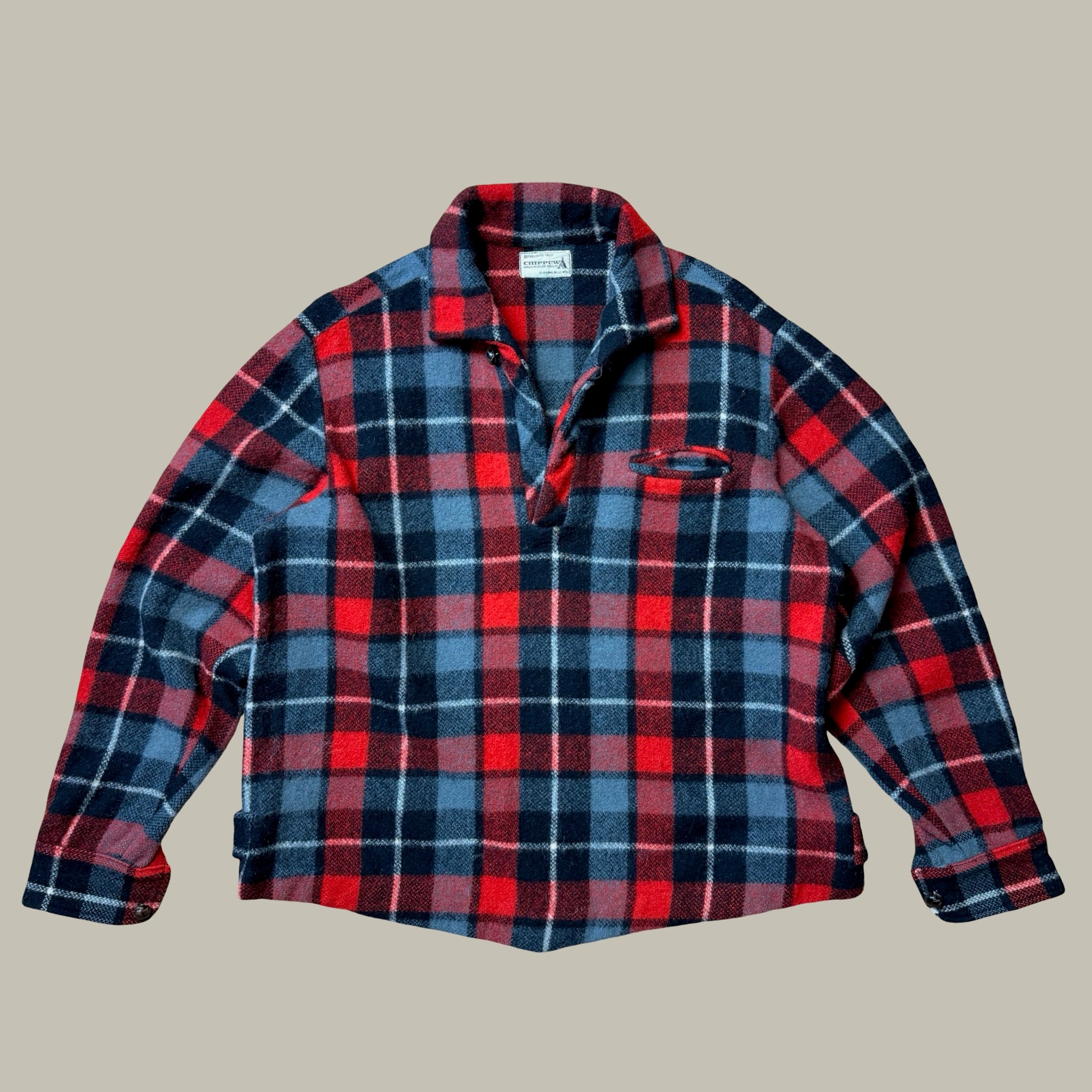 CHIPPEWA FALLS WOOLEN MILL RED BUFFALO PLAID WOOL PULLOVER CIRCA EARLY 1960S
