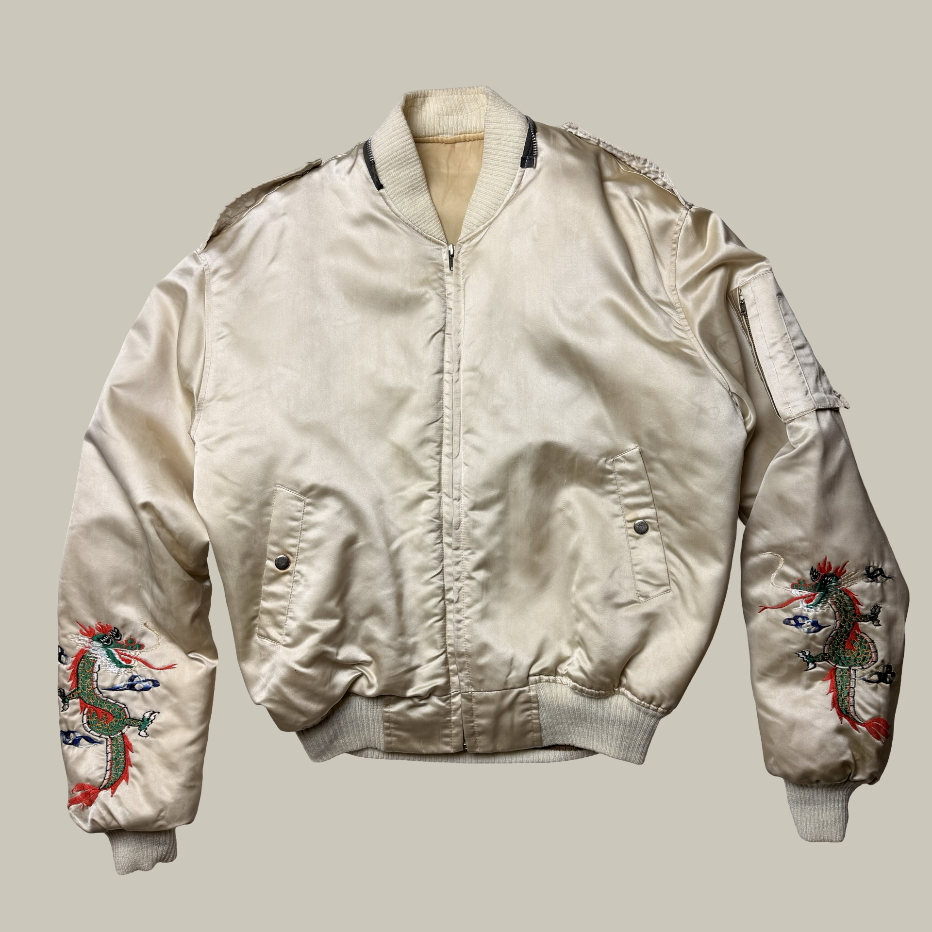 VINTAGE SILK SUKAJAN DRAGON EMBROIDERED BOMBER JACKET (C. LATE 1950s–1960s)