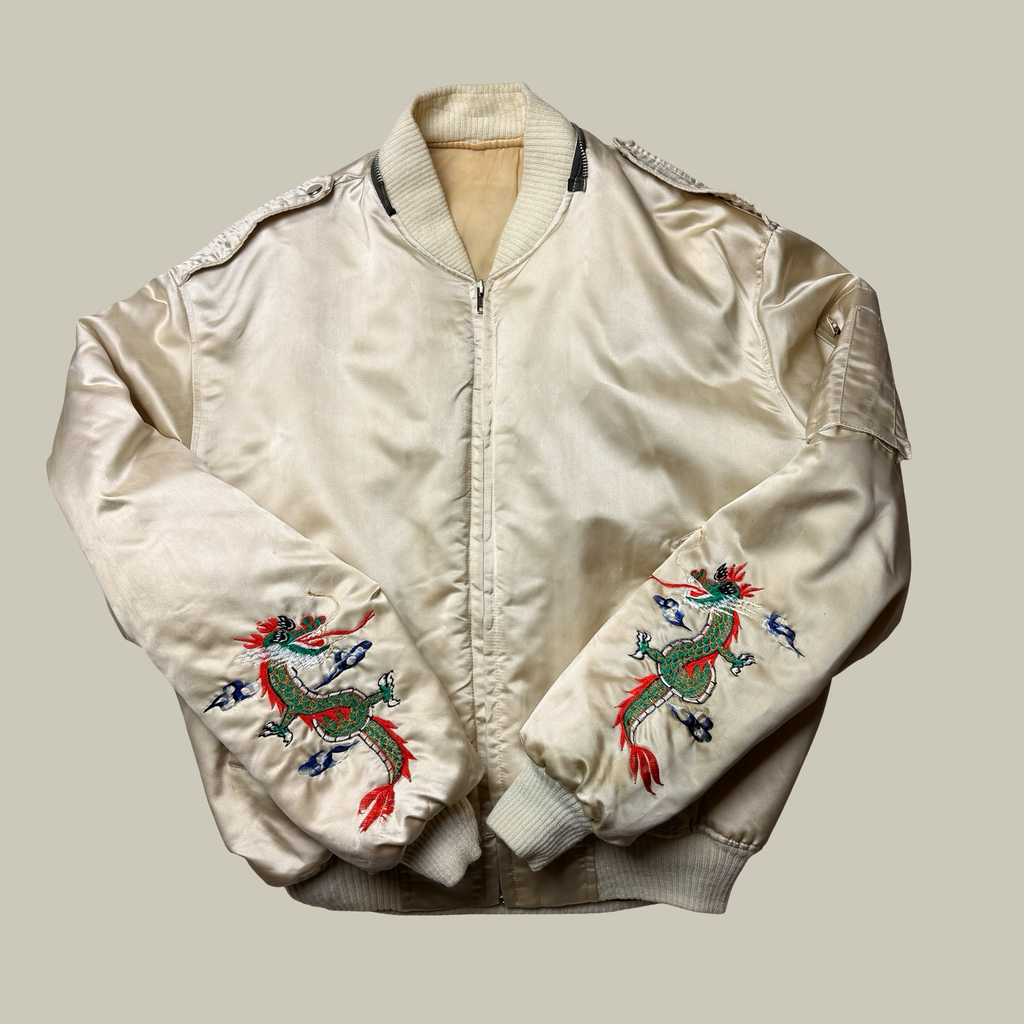 VINTAGE SILK SUKAJAN DRAGON EMBROIDERED BOMBER JACKET (C. LATE 1950s–1960s)