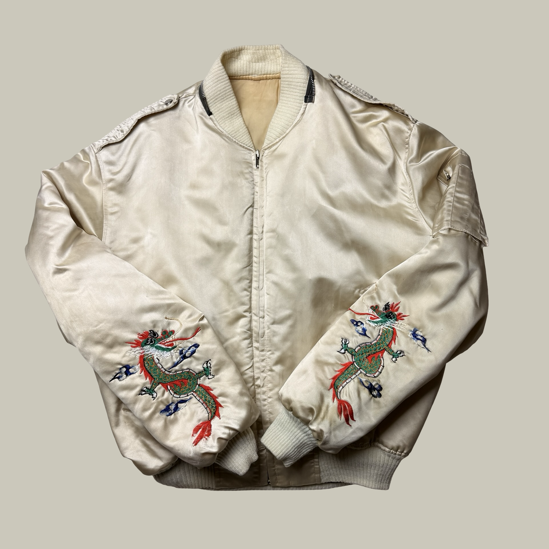 VINTAGE SILK SUKAJAN DRAGON EMBROIDERED BOMBER JACKET (C. LATE 1950s–1960s)