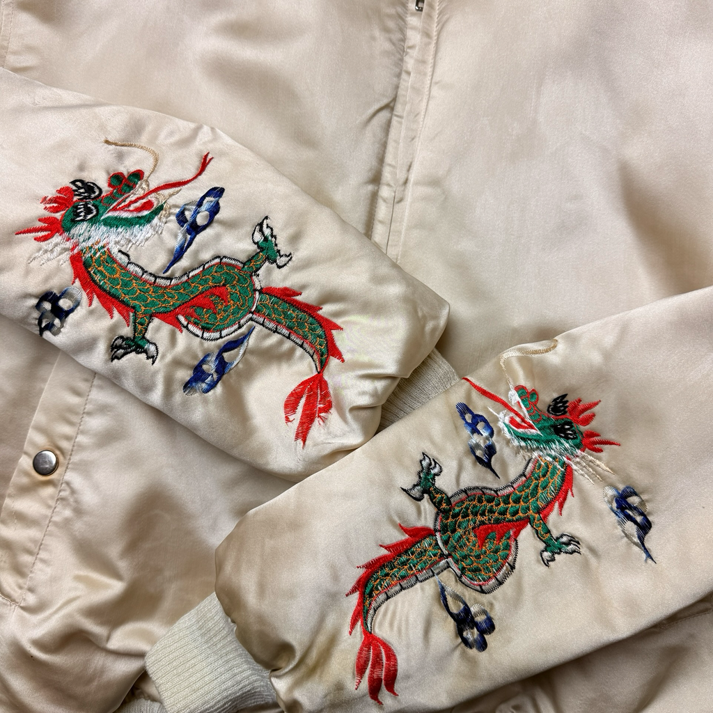 VINTAGE SILK SUKAJAN DRAGON EMBROIDERED BOMBER JACKET (C. LATE 1950s–1960s)