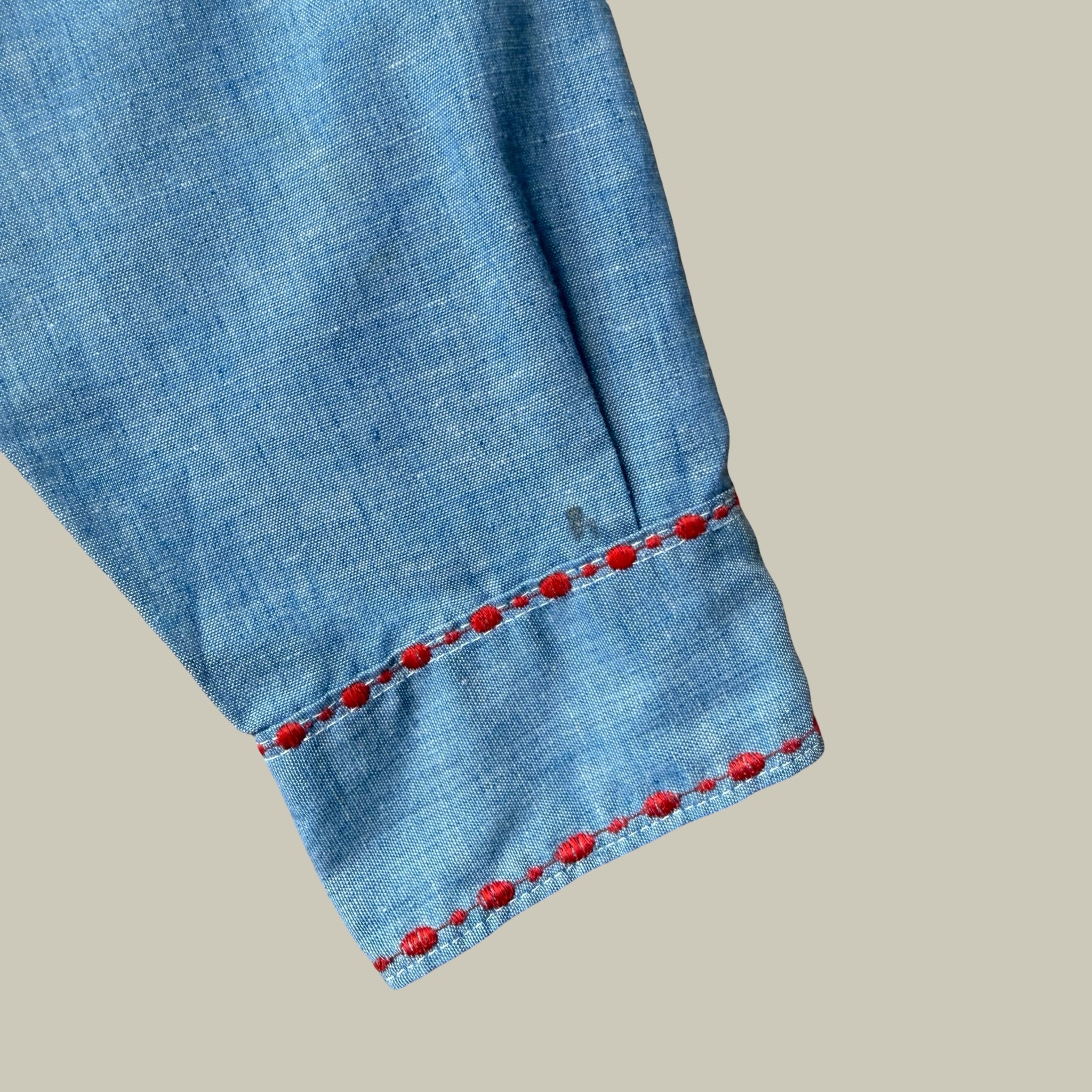 CHAMBRAY WESTERN WORK SHIRT WITH RED CONTRAST STITCHING CIRCA EARLY 1970S