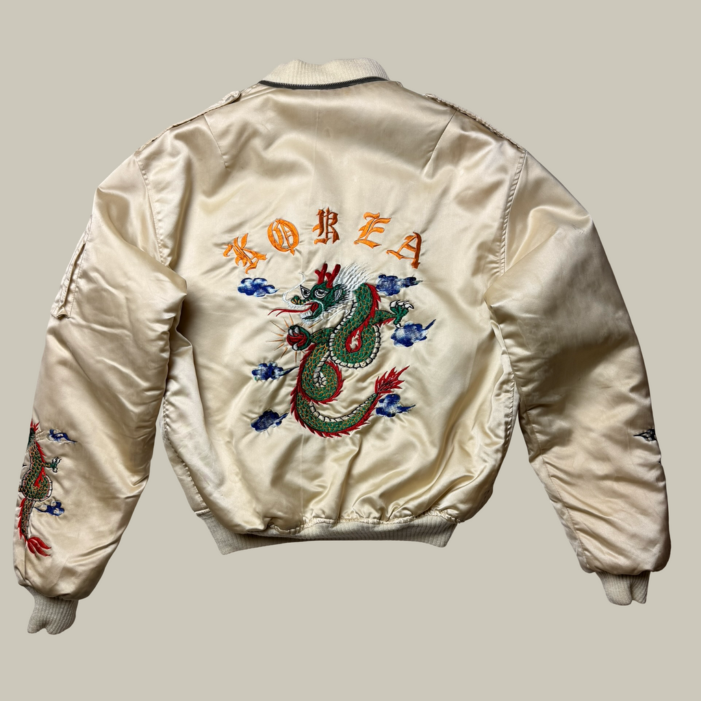 VINTAGE SILK SUKAJAN DRAGON EMBROIDERED BOMBER JACKET (C. LATE 1950s–1960s)