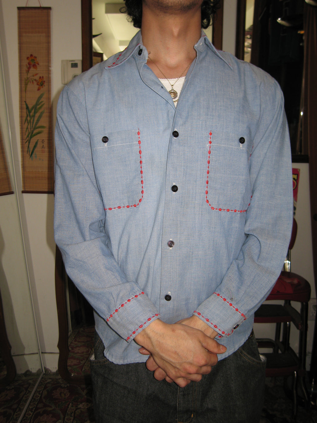 CHAMBRAY WESTERN WORK SHIRT WITH RED CONTRAST STITCHING CIRCA EARLY 1970S