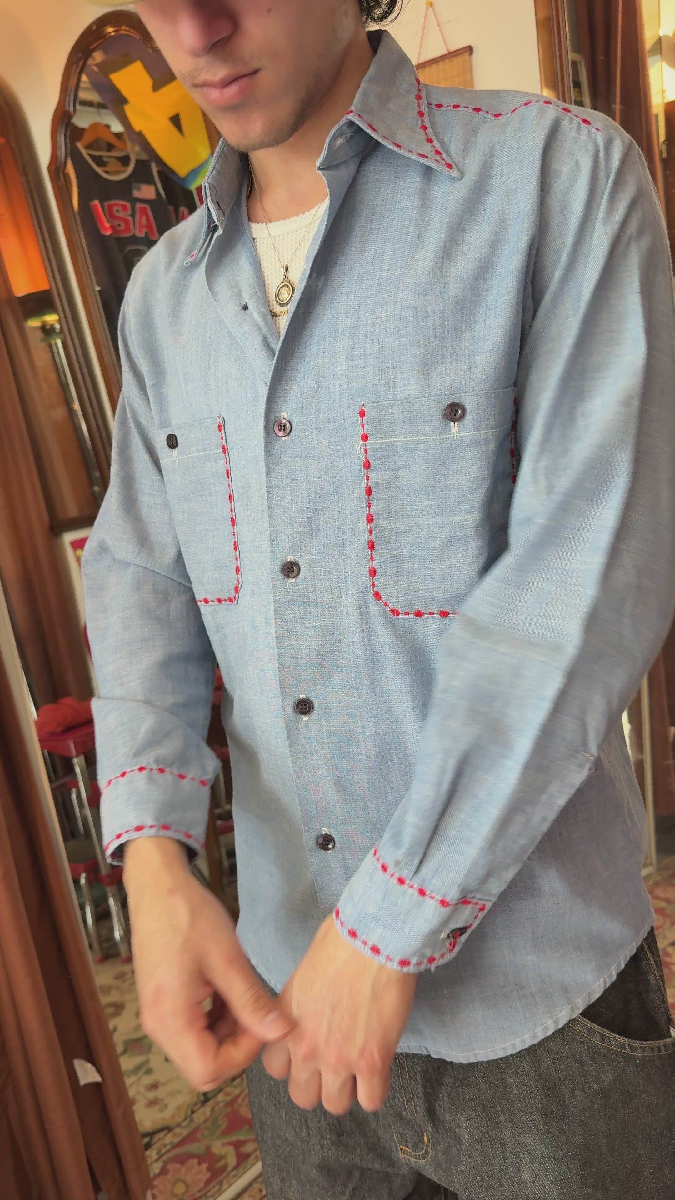 CHAMBRAY WESTERN WORK SHIRT WITH RED CONTRAST STITCHING CIRCA EARLY 1970S